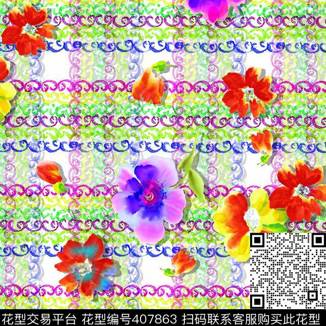 流行时尚抽抽象几何花卉格子花卉数码印花华亿平台下载（图片编号: 407863） - 瓦栏（Walan）