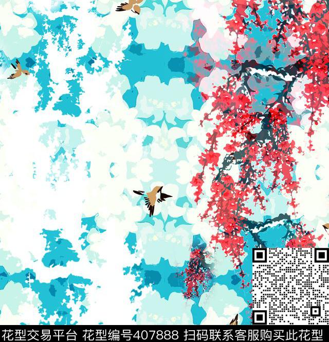 工笔梅花手绘传统印花华亿平台下载（图片编号: 407888） - 瓦栏（Walan）