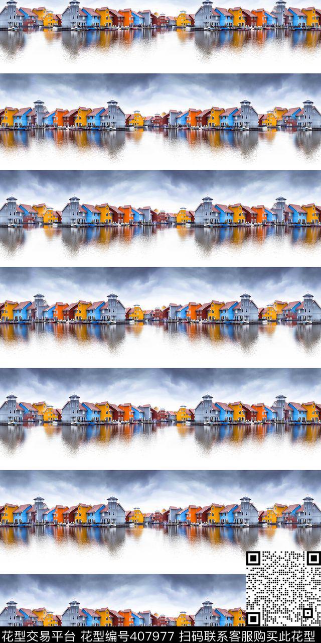 创意房屋风景数码印花华亿平台下载（图片编号: 407977） - 瓦栏（Walan）