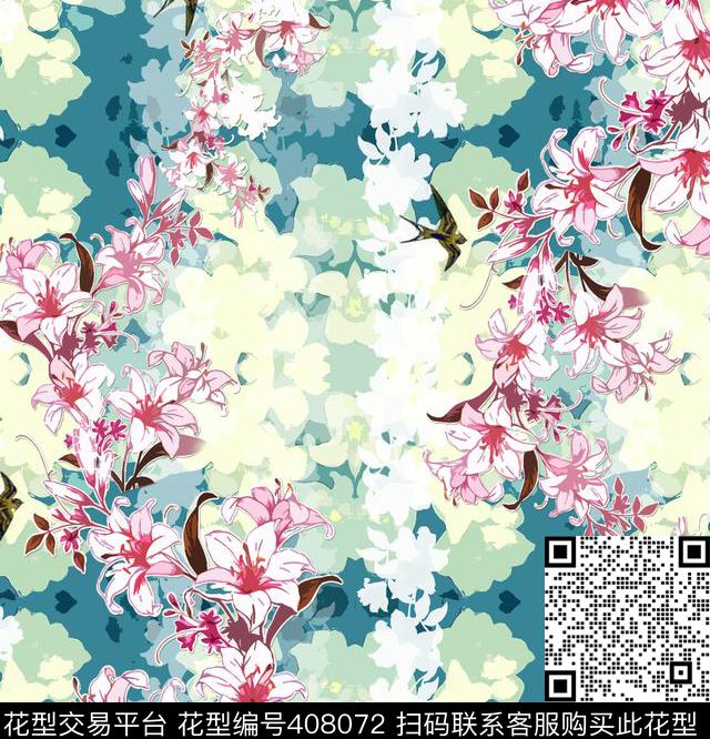 花卉鸟素雅传统印花华亿平台下载（图片编号: 408072） - 瓦栏（Walan）