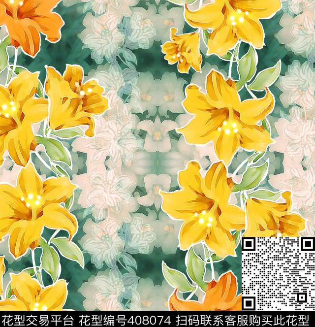 百合花欧式传统印花华亿平台下载（图片编号: 408074） - 瓦栏（Walan）