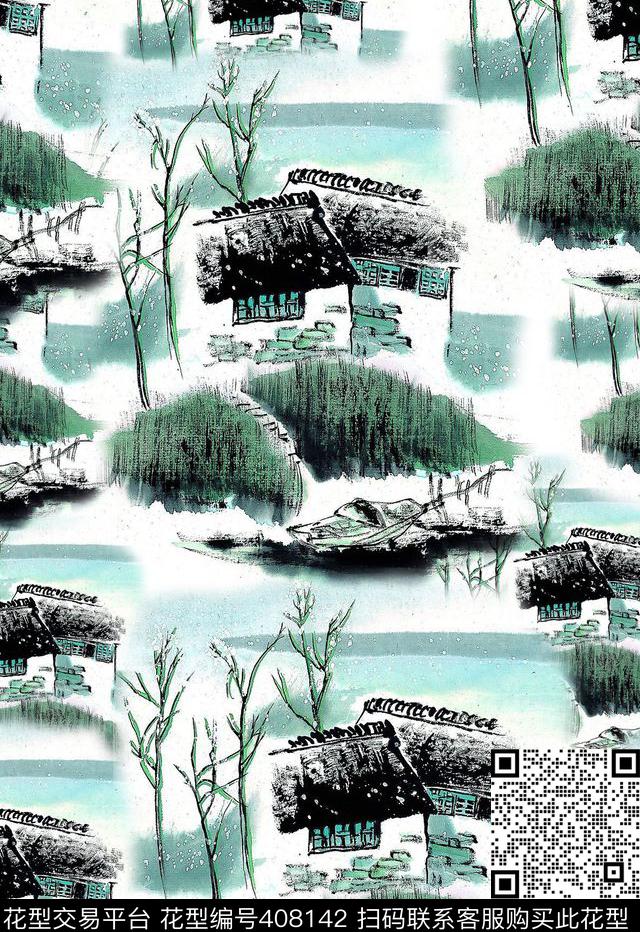 水墨清新重复数码印花华亿平台下载（图片编号: 408142） - 瓦栏（Walan）
