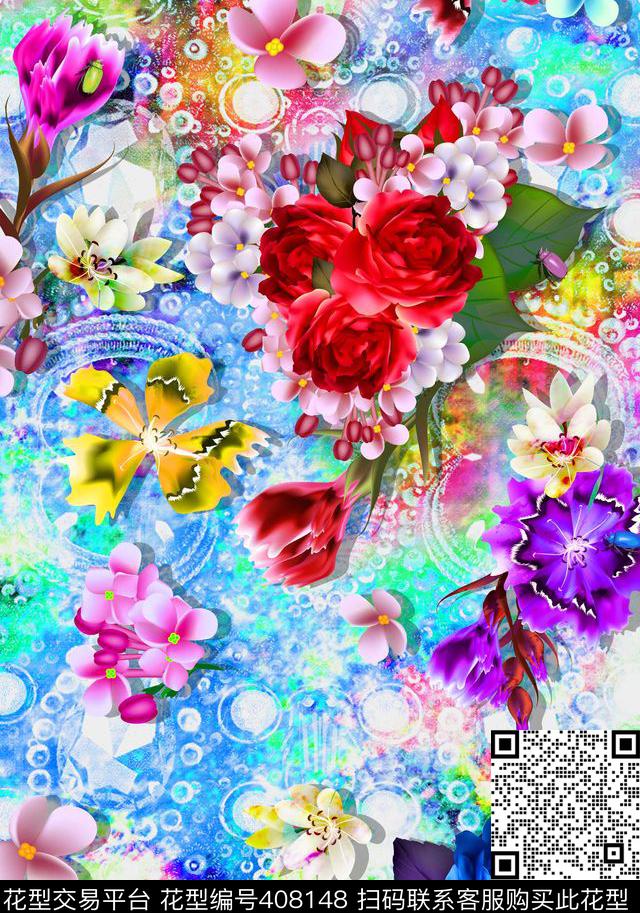 多彩花卉时尚流行数码印花华亿平台下载（图片编号: 408148） - 瓦栏（Walan）