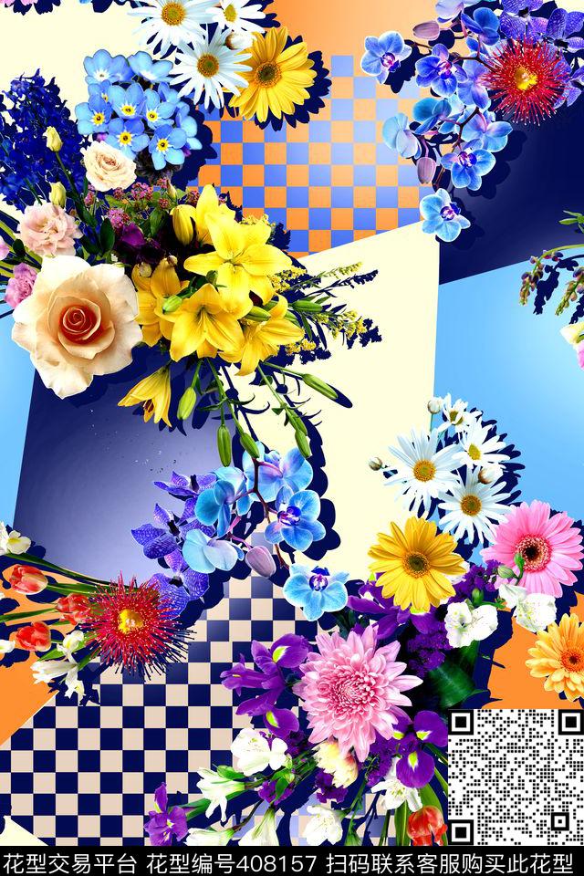 几何拼接花卉数码印花华亿平台下载（图片编号: 408157） - 瓦栏（Walan）