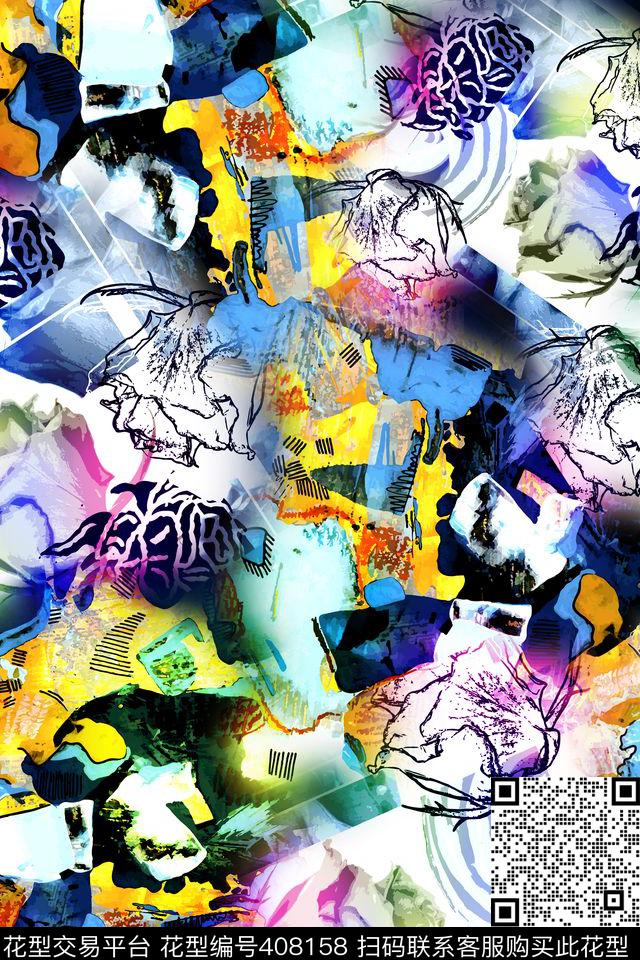 抽象炫彩插画数码印花华亿平台下载（图片编号: 408158） - 瓦栏（Walan）