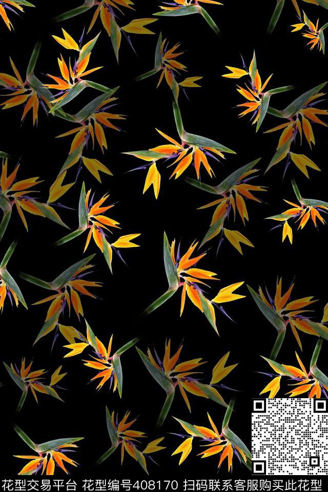 黑底数码植物热带_海洋数码印花华亿平台下载（图片编号: 408170） - 瓦栏（Walan）