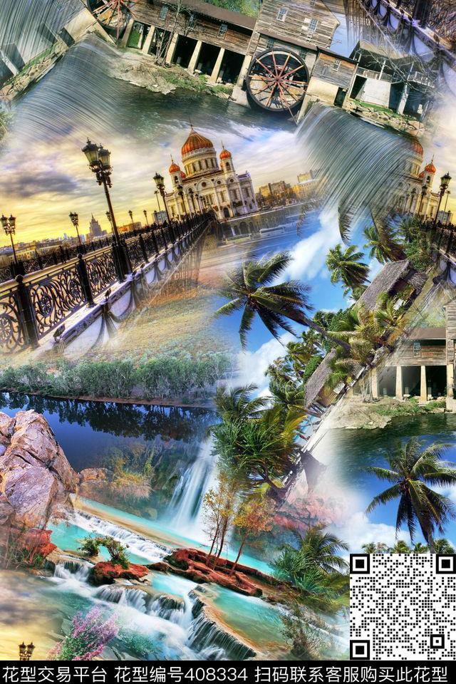 时尚城市风景山水清新数码印花华亿平台下载（图片编号: 408334） - 瓦栏（Walan）