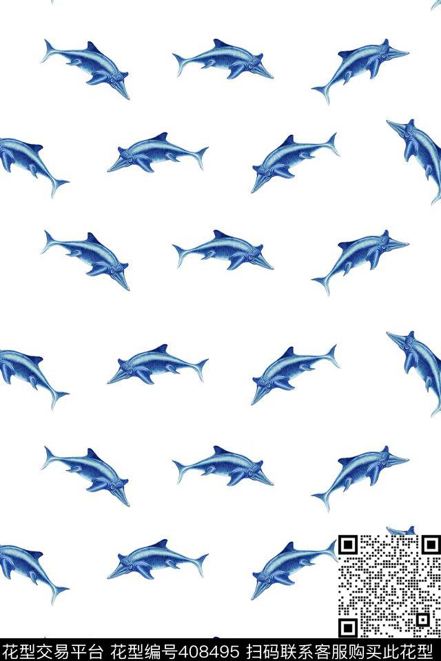 手绘海豚插画数码印花华亿平台下载（图片编号: 408495） - 瓦栏（Walan）