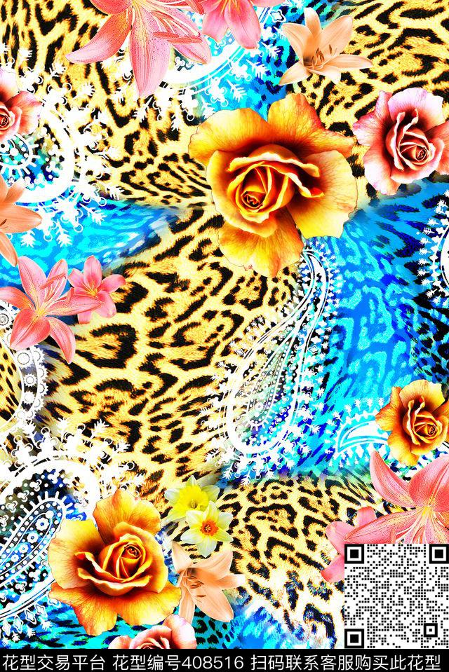 豹纹火腿纹花卉数码印花华亿平台下载（图片编号: 408516） - 瓦栏（Walan）