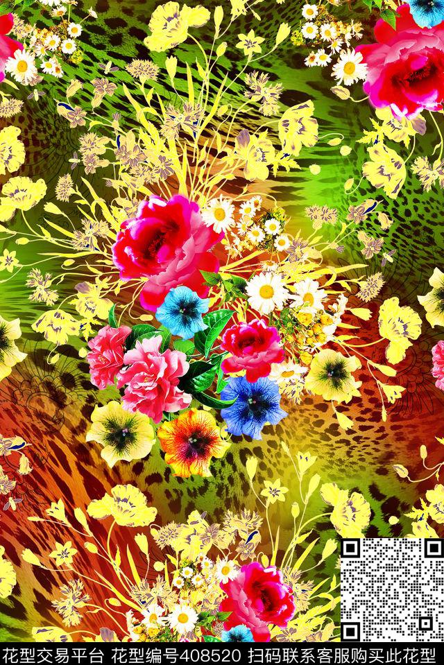 豹纹花卉热带数码印花华亿平台下载（图片编号: 408520） - 瓦栏（Walan）