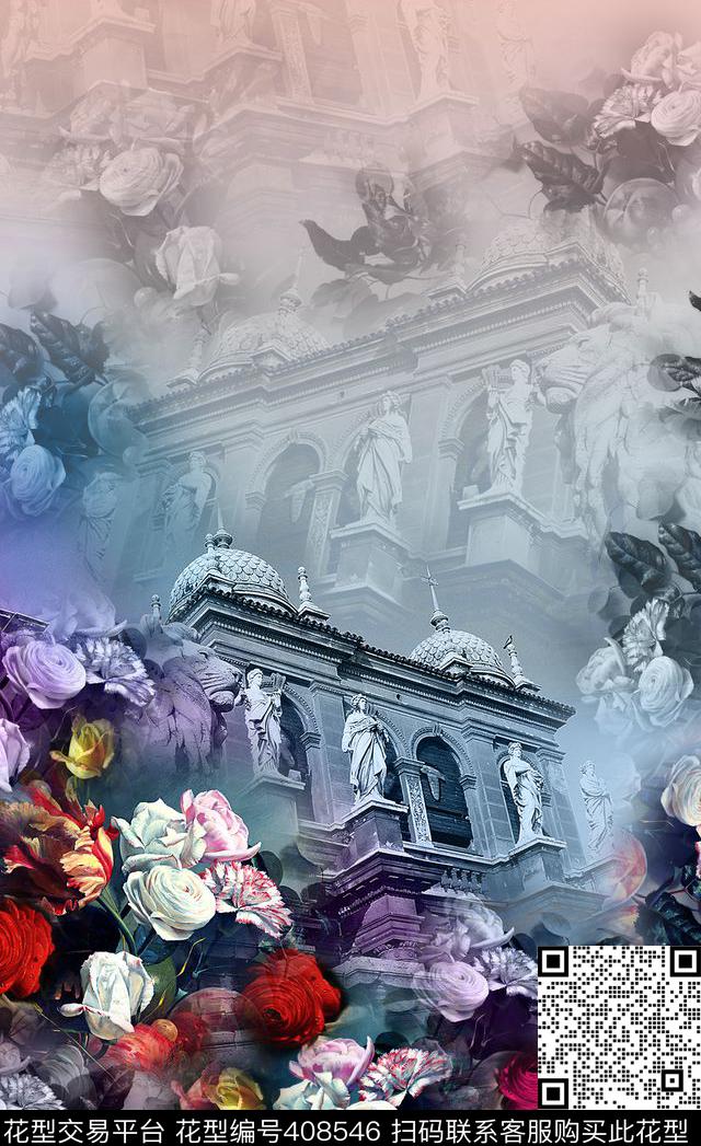 花卉建筑蓝色数码印花华亿平台下载（图片编号: 408546） - 瓦栏（Walan）