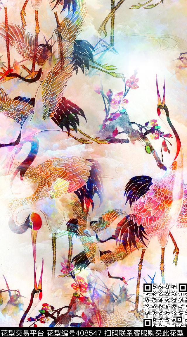彩色工笔丹顶鹤数码印花华亿平台下载（图片编号: 408547） - 瓦栏（Walan）
