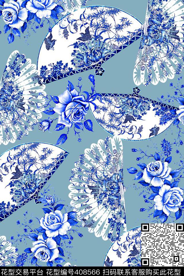 青花扇子数码印花华亿平台下载（图片编号: 408566） - 瓦栏（Walan）
