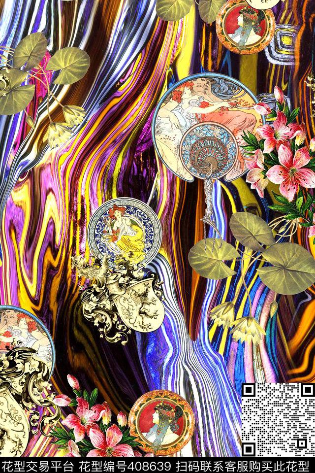 抽象炫彩条纹人物数码印花华亿平台下载（图片编号: 408639） - 瓦栏（Walan）