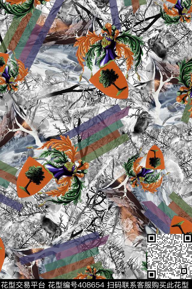 抽象图案黑白树枝底纹几何彩色线条数码印花华亿平台下载（图片编号: 408654） - 瓦栏（Walan）