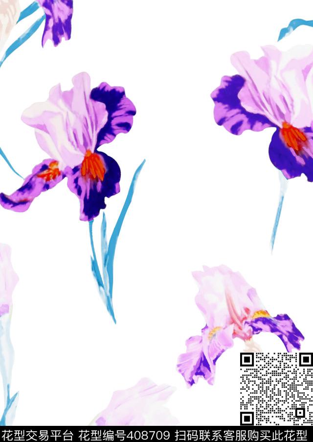 鸢尾花手绘数码印花华亿平台下载（图片编号: 408709） - 瓦栏（Walan）