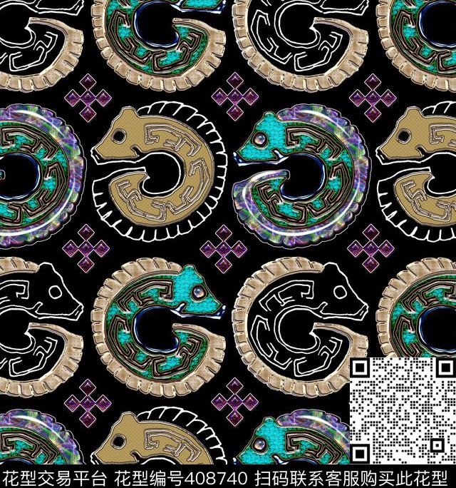 复古金绿龙纹数码印花华亿平台下载（图片编号: 408740） - 瓦栏（Walan）