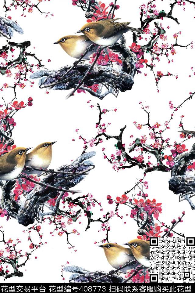 国画梅花小鸟数码印花华亿平台下载（图片编号: 408773） - 瓦栏（Walan）