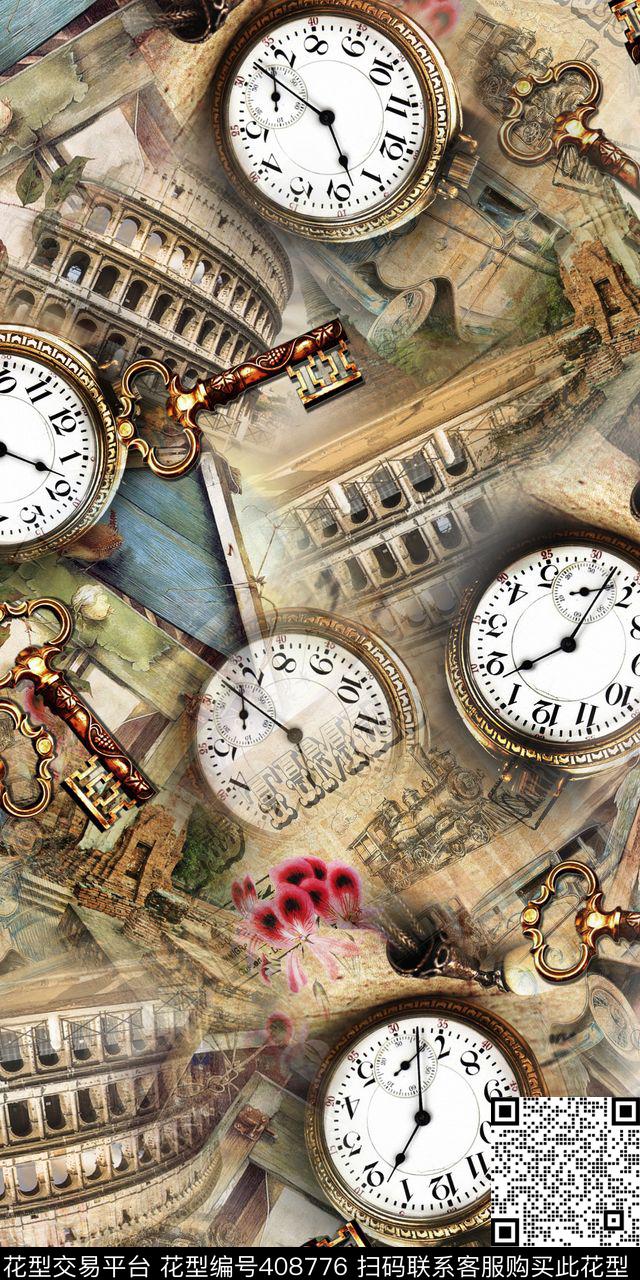 复古钟表钥匙城堡时尚数码印花华亿平台下载（图片编号: 408776） - 瓦栏（Walan）