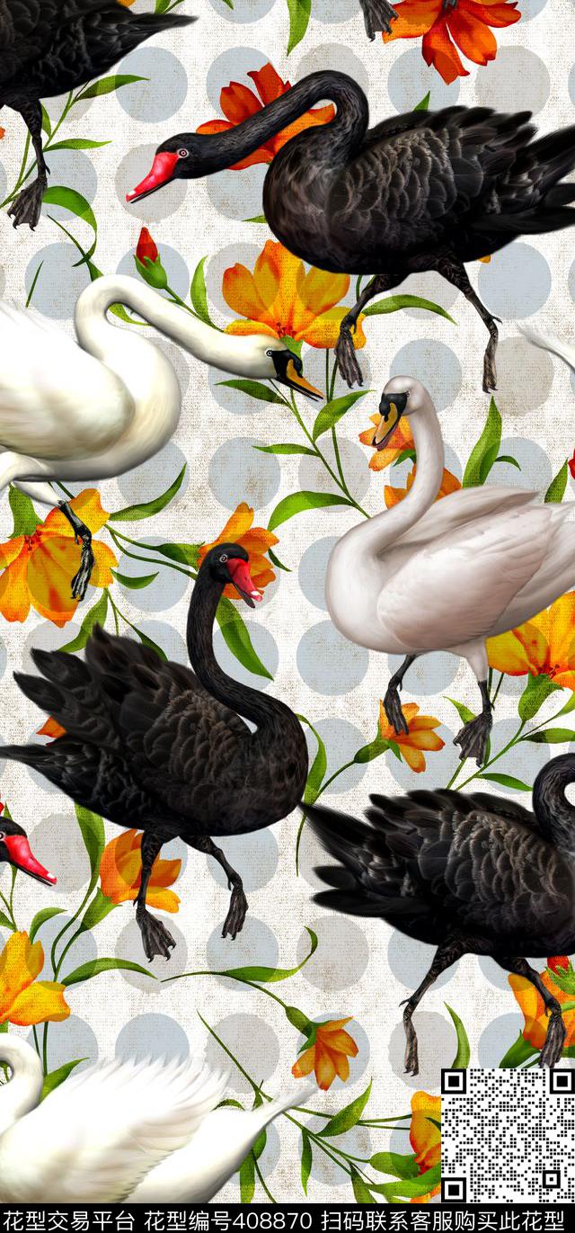服装黑白天鹅花卉数码印花华亿平台下载（图片编号: 408870） - 瓦栏（Walan）