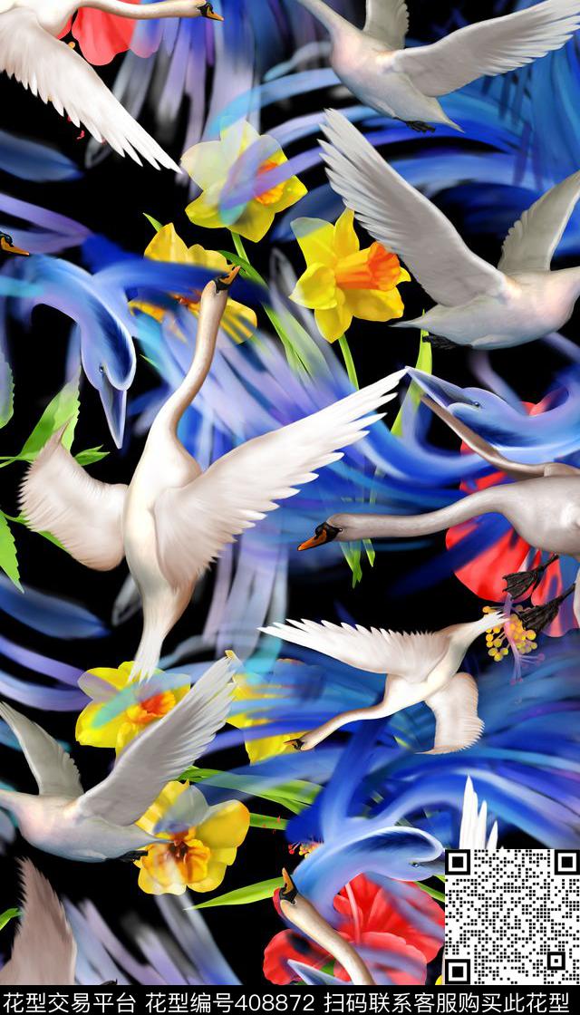 时尚白天鹅花卉数码印花华亿平台下载（图片编号: 408872） - 瓦栏（Walan）