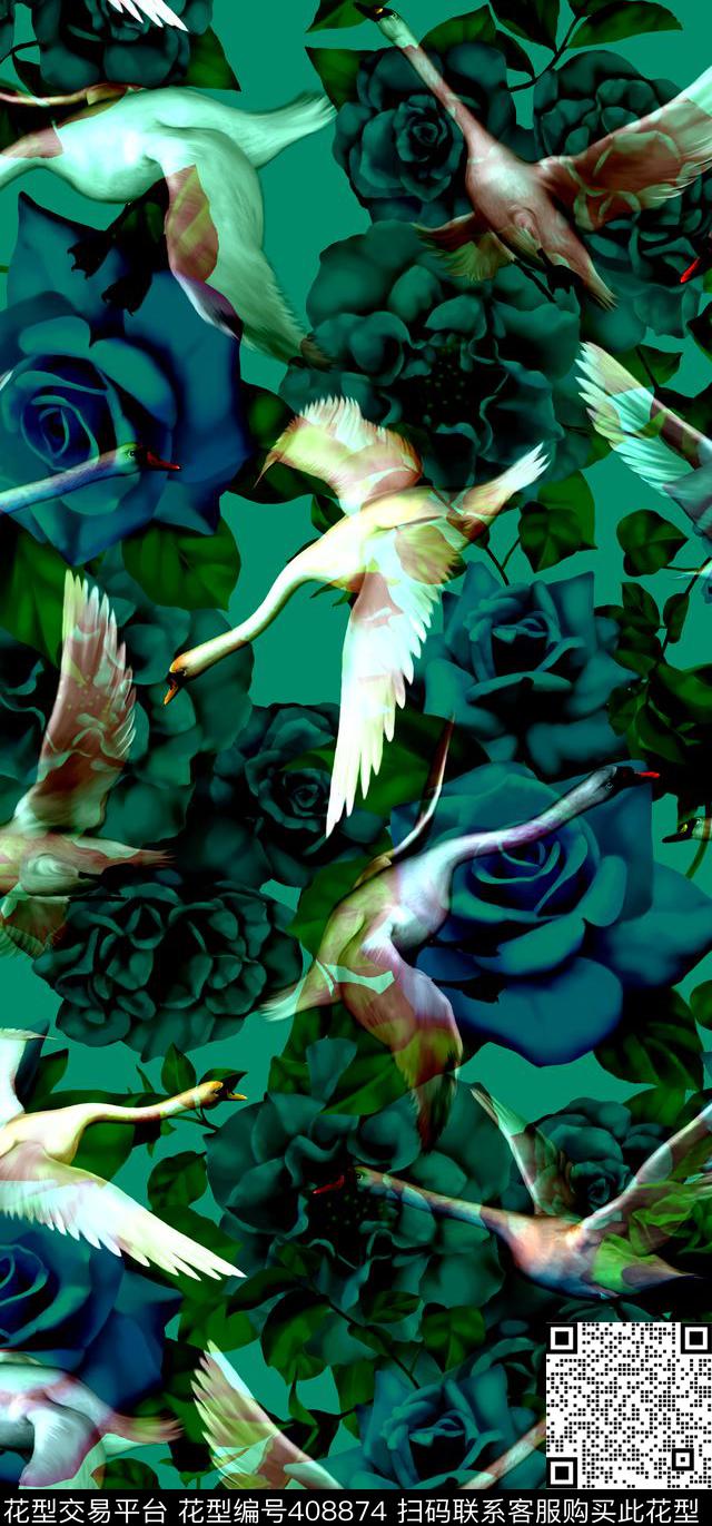 时尚白天鹅花卉数码印花华亿平台下载（图片编号: 408874） - 瓦栏（Walan）