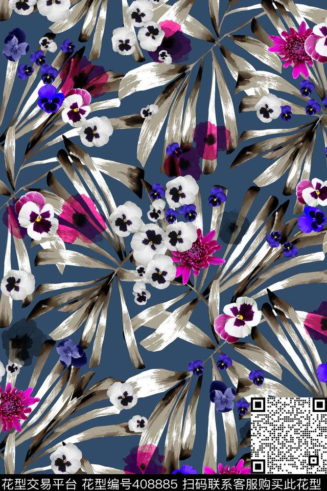 热带叶子黑白绘画小花数码印花华亿平台下载（图片编号: 408885） - 瓦栏（Walan）