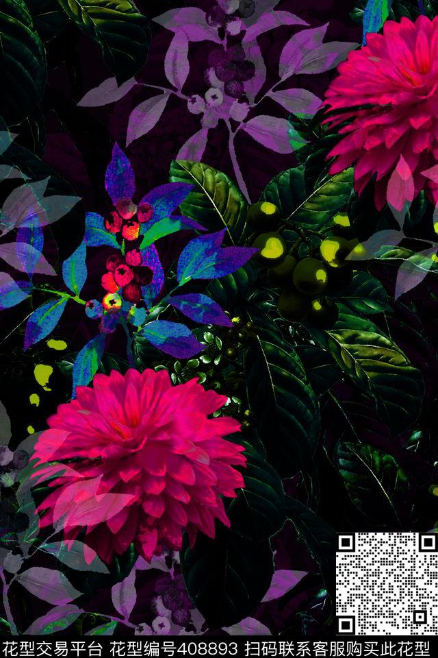 果实菊花手绘数码印花华亿平台下载（图片编号: 408893） - 瓦栏（Walan）