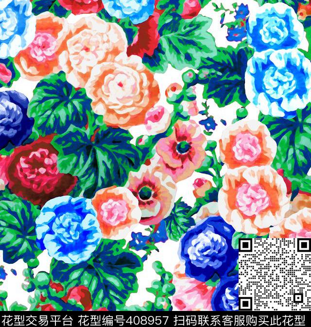 玫瑰手绘传统印花华亿平台下载（图片编号: 408957） - 瓦栏（Walan）