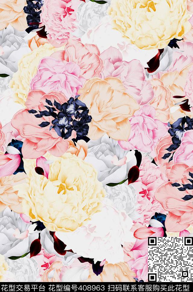 手绘牡丹数码印花华亿平台下载（图片编号: 408963） - 瓦栏（Walan）
