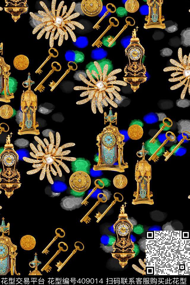 巴洛克风格复古座钟花卉胸针数码印花华亿平台下载（图片编号: 409014） - 瓦栏（Walan）