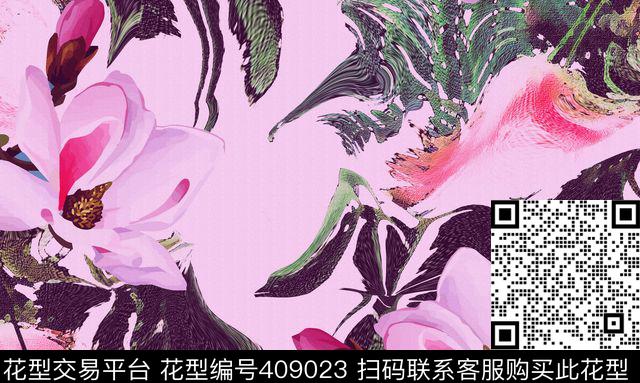 花卉写意花鸟混搭类传统印花华亿平台下载（图片编号: 409023） - 瓦栏（Walan）