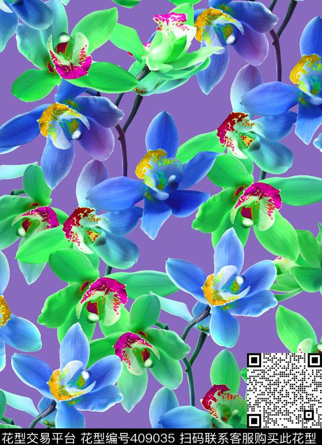 撞色奇幻兰花数码印花华亿平台下载（图片编号: 409035） - 瓦栏（Walan）