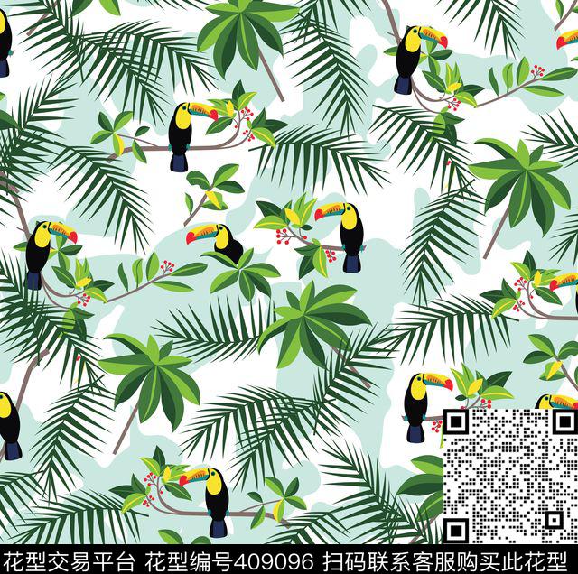 热带趣味雨林大嘴鸟传统印花华亿平台下载（图片编号: 409096） - 瓦栏（Walan）
