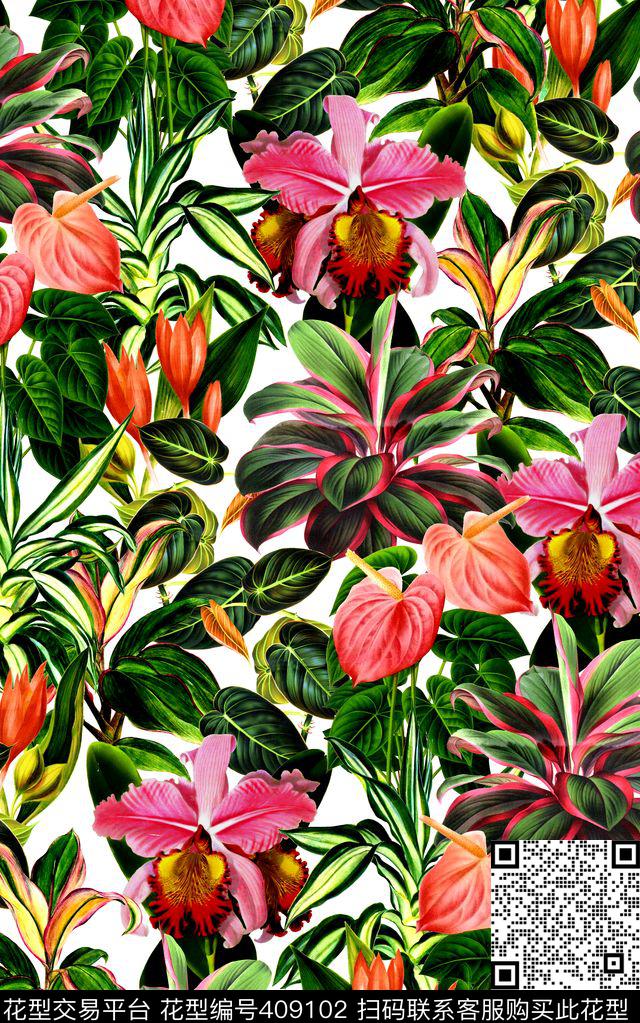 数码写实雨林花卉数码印花华亿平台下载（图片编号: 409102） - 瓦栏（Walan）