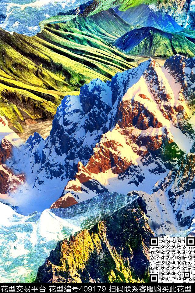 时尚风景山脉数码印花华亿平台下载（图片编号: 409179） - 瓦栏（Walan）