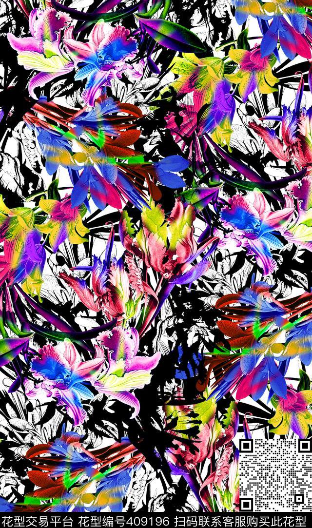 数码抽象花卉数码印花华亿平台下载（图片编号: 409196） - 瓦栏（Walan）