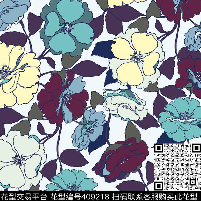 手绘传统花卉传统印花华亿平台下载（图片编号: 409218） - 瓦栏（Walan）