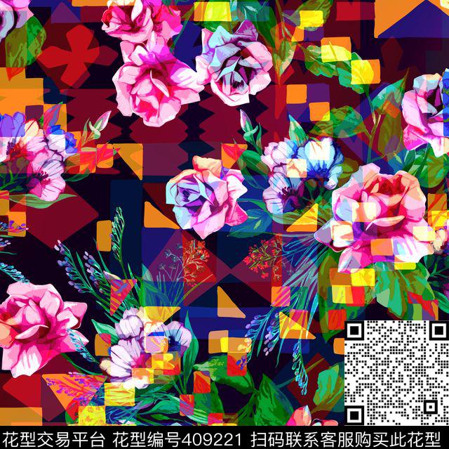 几何数码花卉数码印花华亿平台下载（图片编号: 409221） - 瓦栏（Walan）