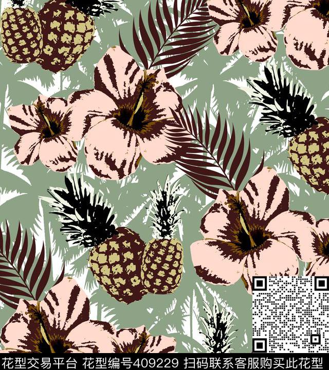 菠萝椰树热带雨林传统印花华亿平台下载（图片编号: 409229） - 瓦栏（Walan）