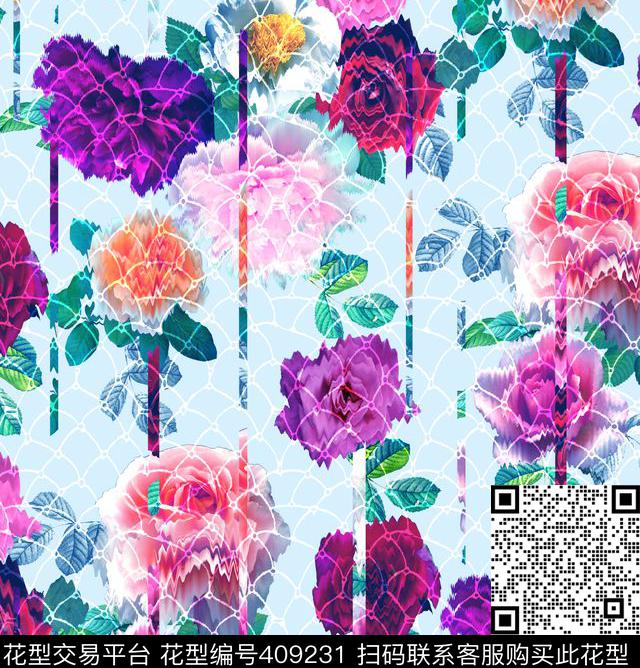 水纹条纹花卉数码印花华亿平台下载（图片编号: 409231） - 瓦栏（Walan）