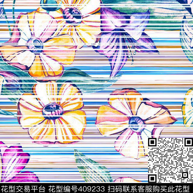 条纹切割手绘花卉传统印花华亿平台下载（图片编号: 409233） - 瓦栏（Walan）