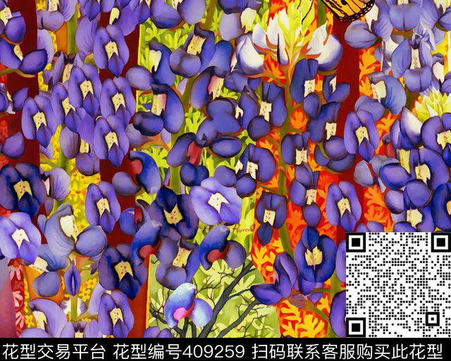 蝴蝶油画花卉数码印花华亿平台下载（图片编号: 409259） - 瓦栏（Walan）
