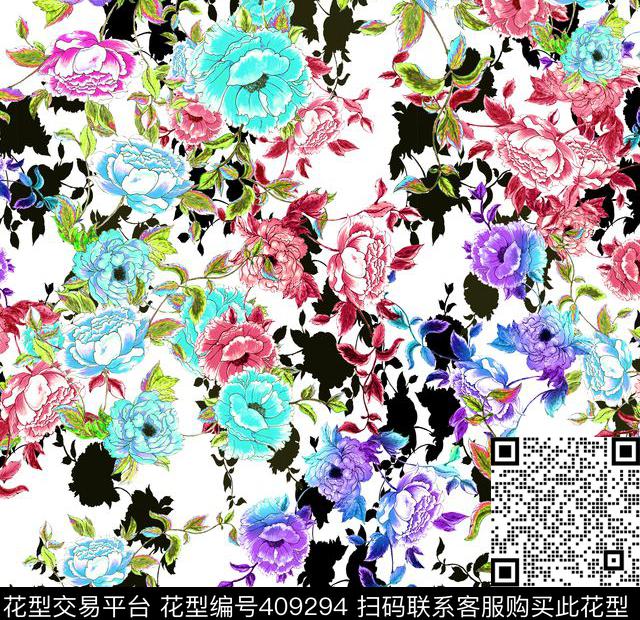 水彩手绘花卉传统印花华亿平台下载（图片编号: 409294） - 瓦栏（Walan）