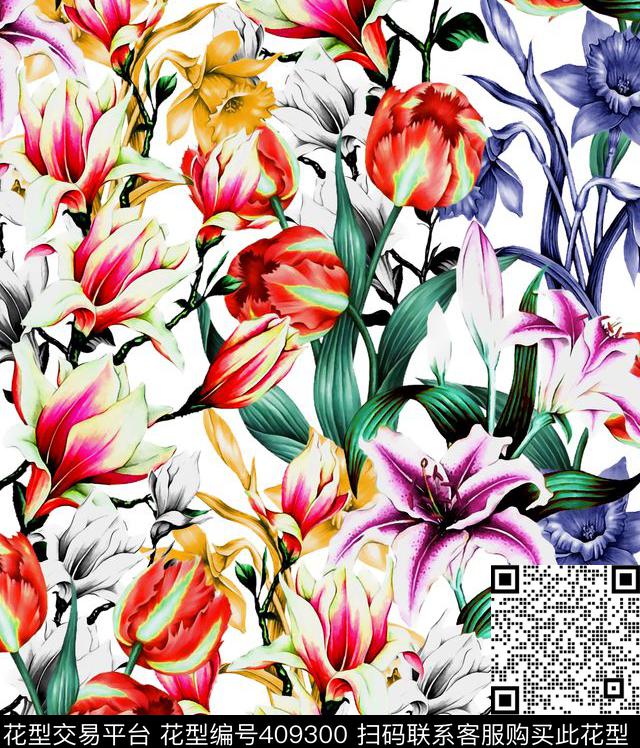 手绘水彩郁金香传统印花华亿平台下载（图片编号: 409300） - 瓦栏（Walan）