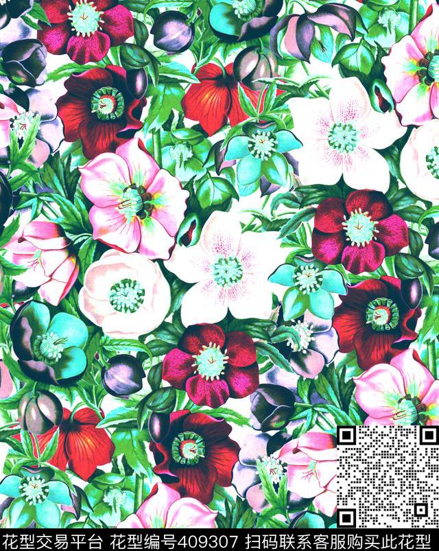 梦幻花卉手绘数码印花华亿平台下载（图片编号: 409307） - 瓦栏（Walan）