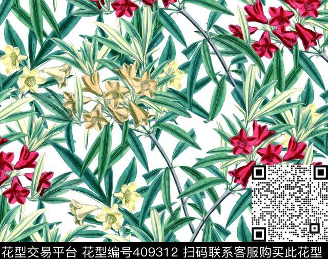 手绘夹竹桃花卉传统印花华亿平台下载（图片编号: 409312） - 瓦栏（Walan）