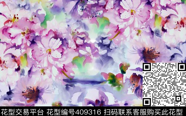水彩樱花数码数码印花华亿平台下载（图片编号: 409316） - 瓦栏（Walan）