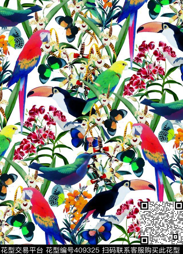 手绘热带雨林鸟类数码印花华亿平台下载（图片编号: 409325） - 瓦栏（Walan）