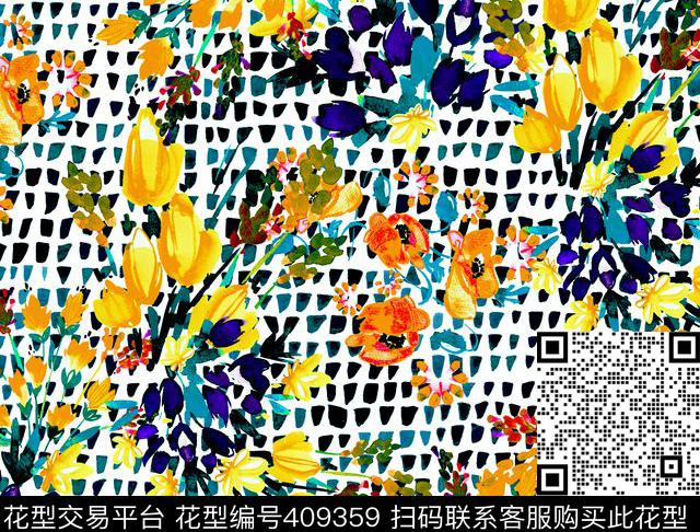 清新花卉手绘传统印花华亿平台下载（图片编号: 409359） - 瓦栏（Walan）
